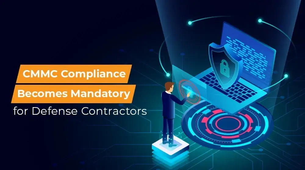 Illustration showing a man interacting with a digital interface highlighting mandatory CMMC compliance for defense contractors.