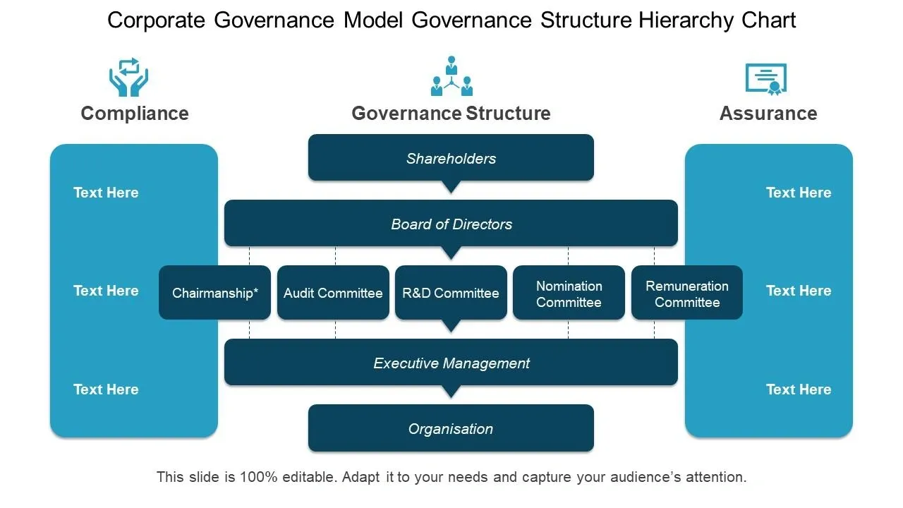 Corporate governance hierarchy chart showing shareholders, board of directors, committees, executive management, and organization structure.