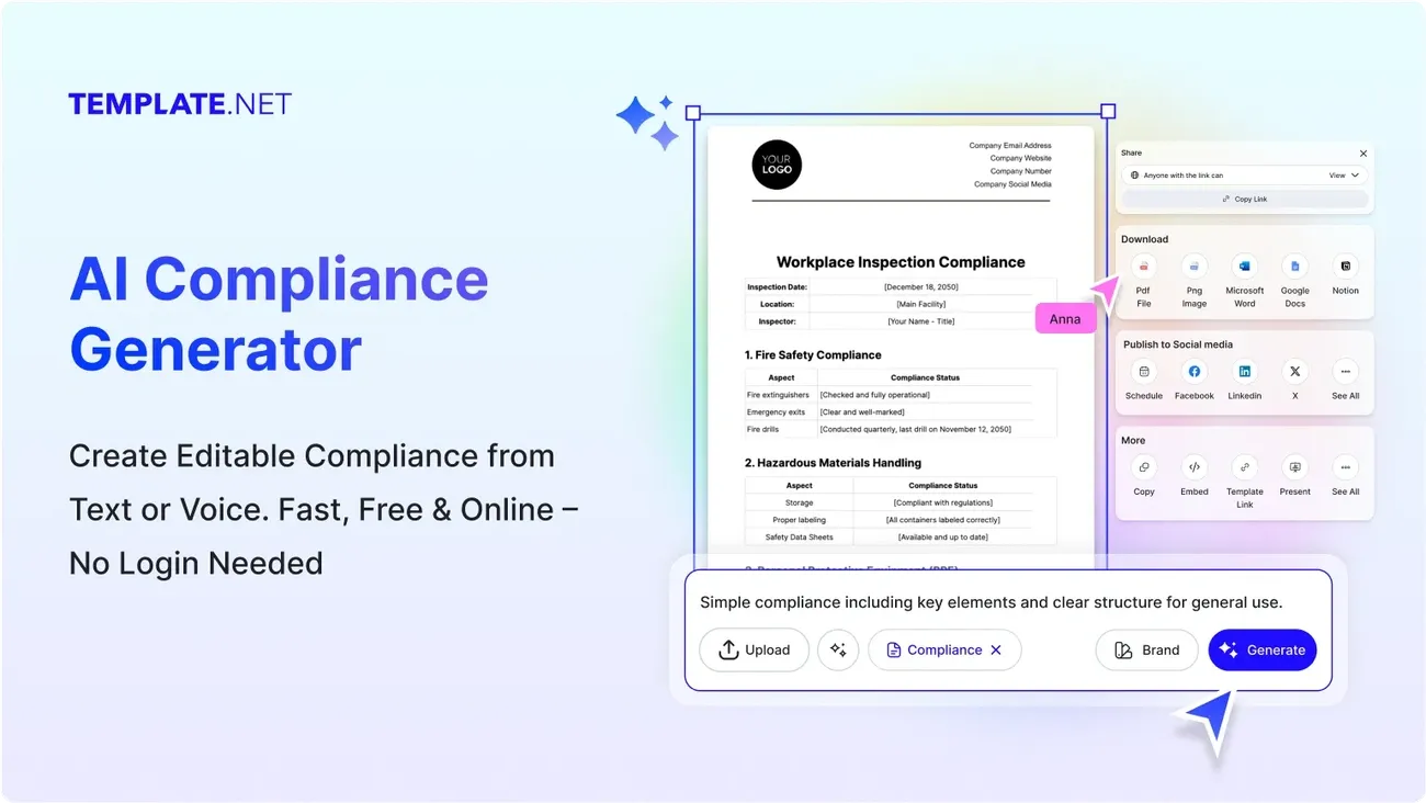 AI Compliance Generator interface showing editable compliance document creation with export and sharing options.
