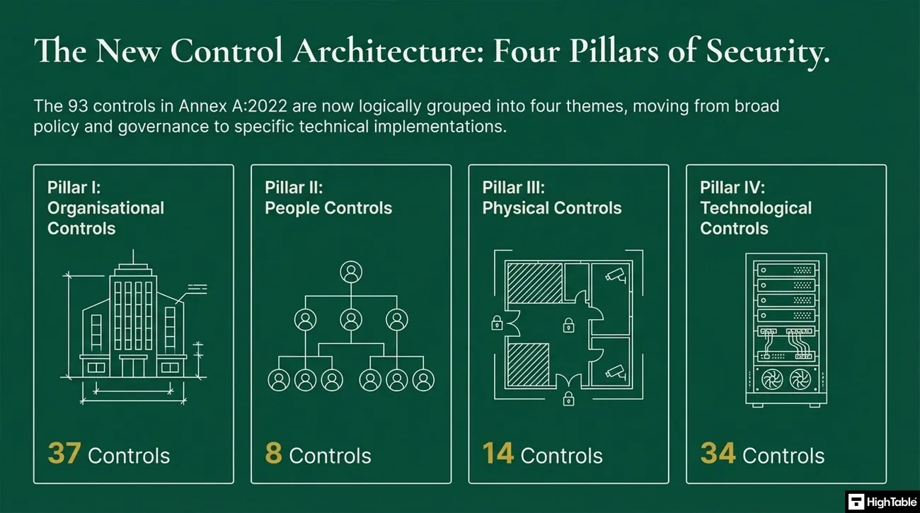Diagram showing ISO 27001’s four security pillars with a total of 93 controls grouped by organizational, people, physical, and technological controls.