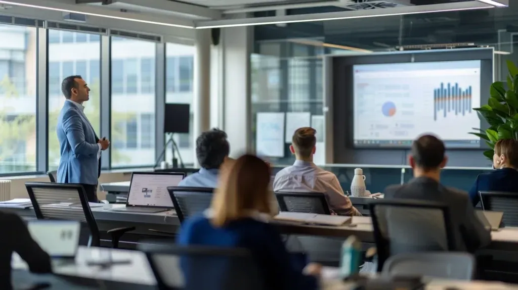 Professional presenting IT security training to employees in a modern office conference room.