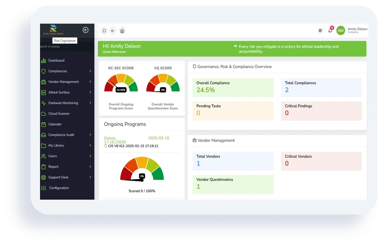 Dashboard of Risk Cognizance GRC software showing compliance scores, vendor management, and ongoing program statuses.