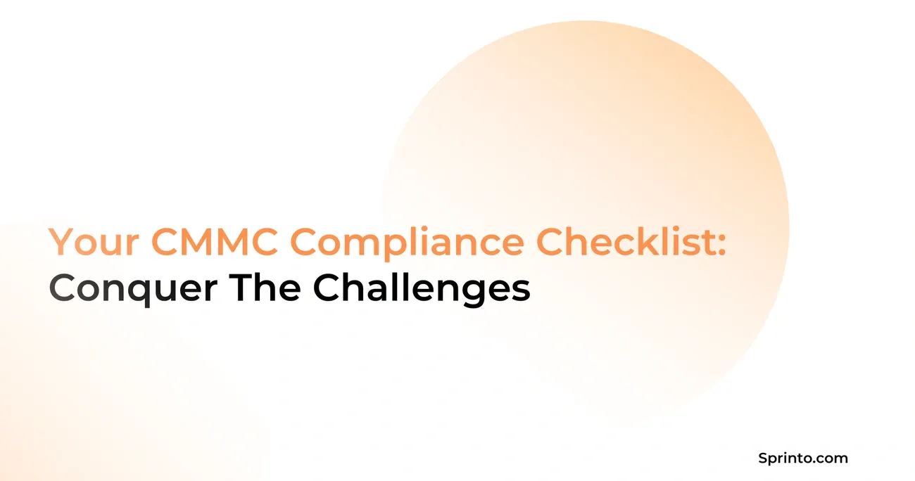 CMMC compliance checklist titled 'Conquer The Challenges' with an orange circular background and Sprinto.com branding.
