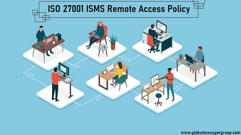 Illustration of diverse professionals working remotely under the ISO 27001 ISMS Remote Access Policy.