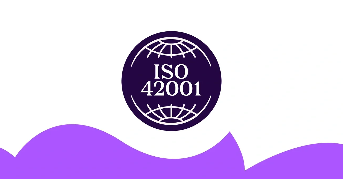 ISO 42001 certification logo with a globe design above purple wave shapes on a white background