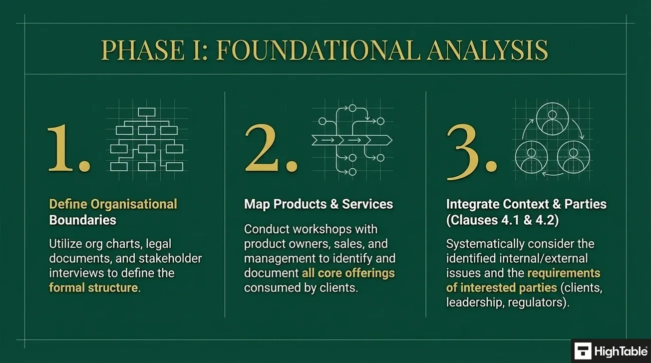 Phase 1 foundational analysis for ISO 27001 Clause 4.3 covering organizational boundaries, products, services, and interested parties.