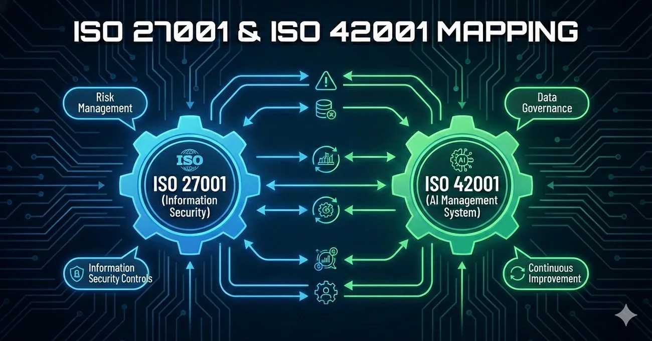 Diagram showing the mapping between ISO 27001 information security and ISO 42001 AI management system standards.