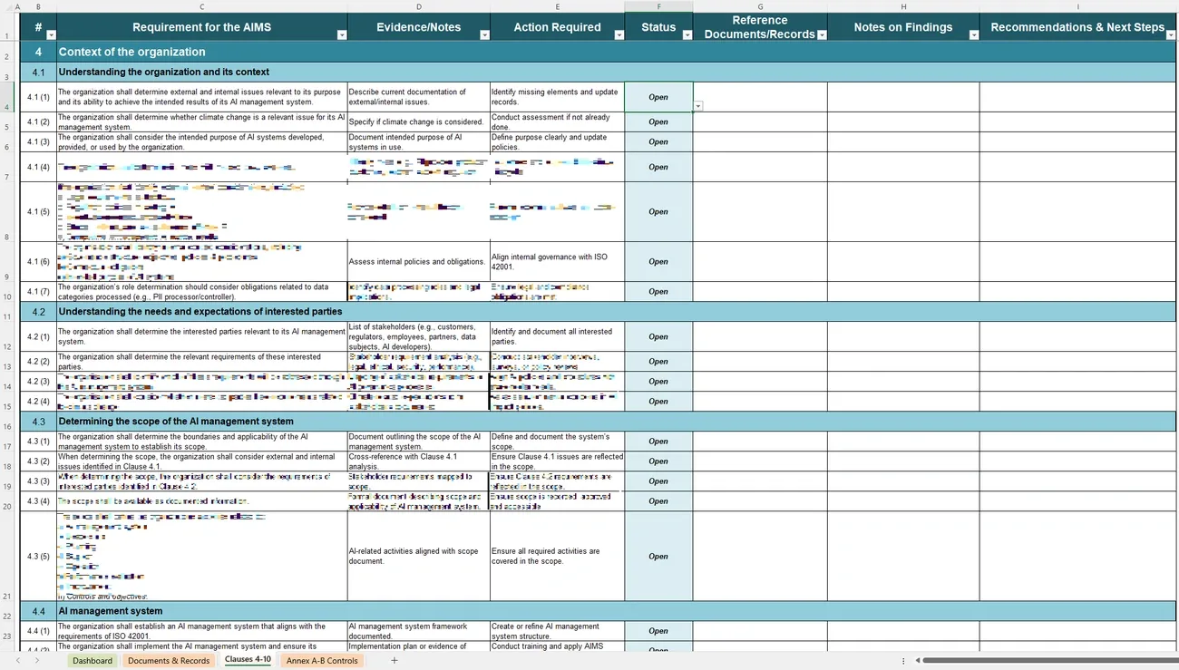ISO 42001 checklist template Excel sheet showing AI management system requirements, actions, and status columns.