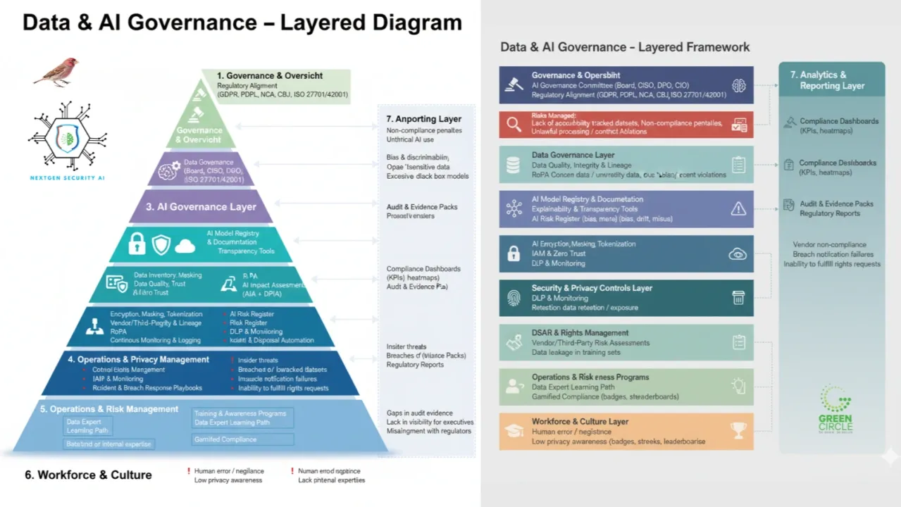 Layered diagram illustrating data and AI governance with layers for oversight, AI governance, privacy, risk management, workforce culture, and analytics.