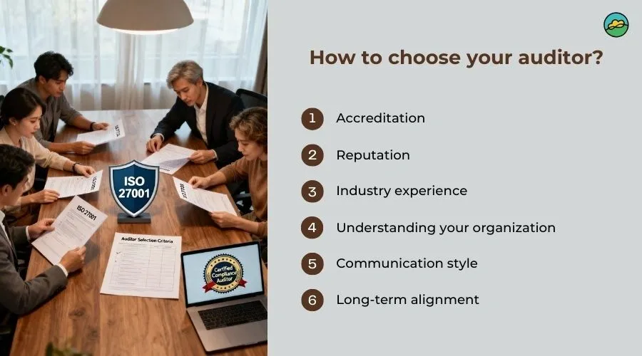 Group reviewing ISO 27001 auditor selection criteria with key factors listed for choosing an auditor.