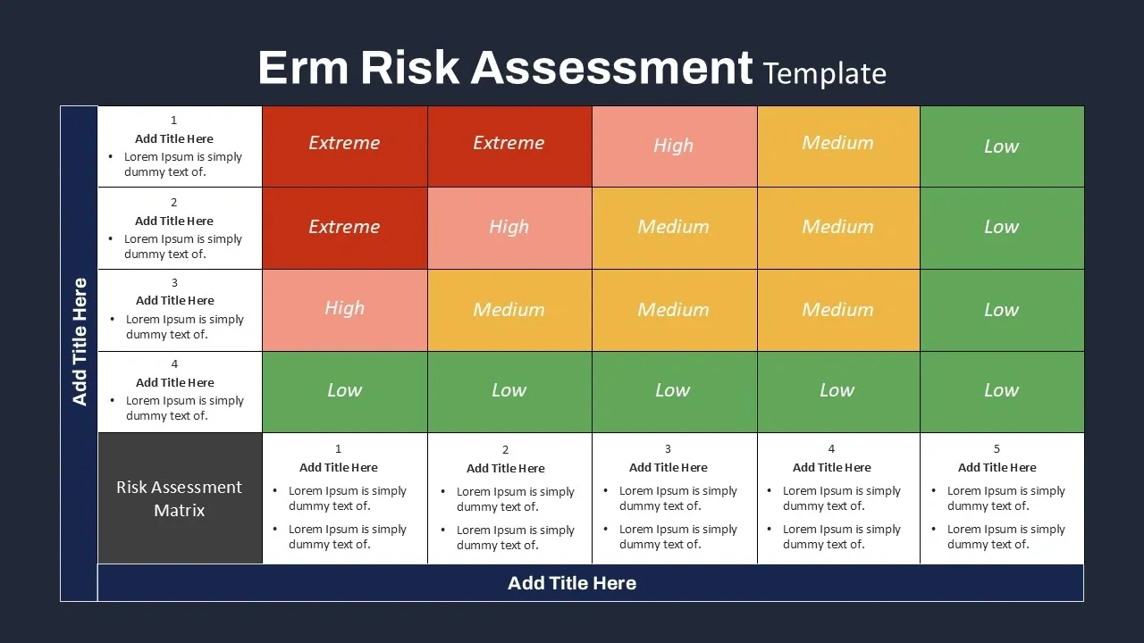 ERM Risk Assessment Matrix template with color-coded risk levels from Extreme to Low across a 5x4 grid.