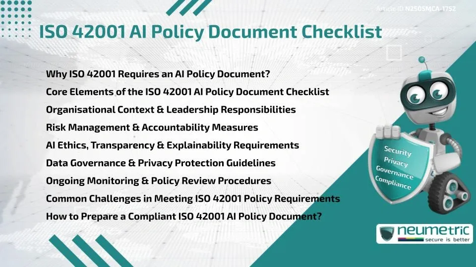 Checklist for ISO 42001 AI Policy Document covering ethics, risk, governance, monitoring, and compliance guidelines.