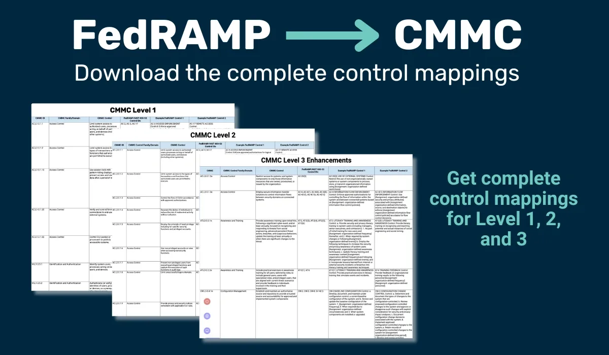 Comparison and mapping of FedRAMP controls to CMMC levels 1, 2, and 3 with downloadable tables shown.