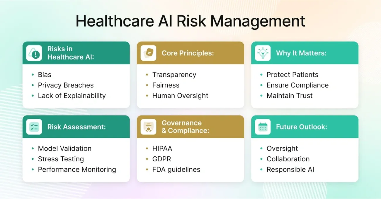 Healthcare AI risk management overview including risks, core principles, compliance, assessment, and future outlook factors.
