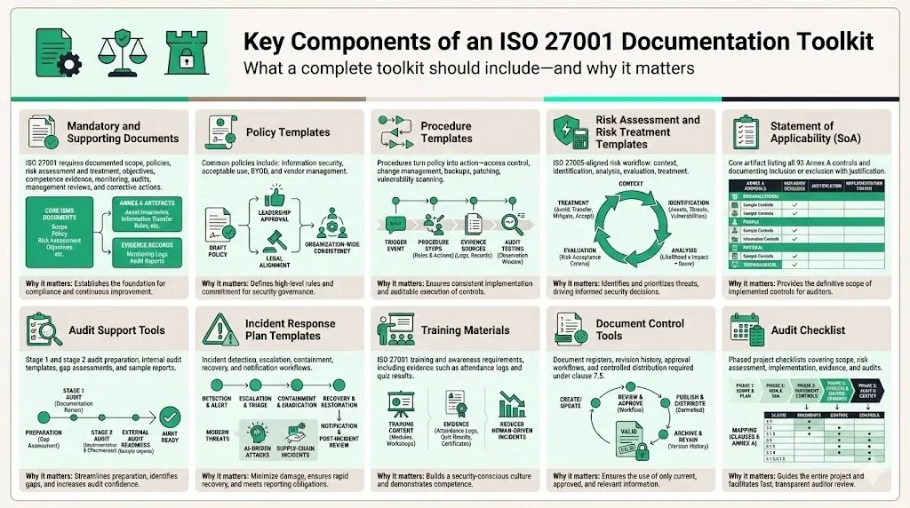 Infographic detailing key components and importance of an ISO 27001 documentation toolkit for compliance and security.