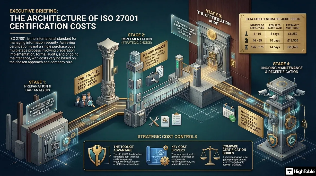 Diagram illustrating the four stages and cost factors of ISO 27001 certification, including audit costs by employee size.