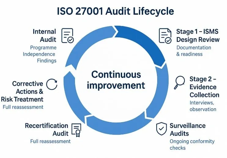 Diagram showing the ISO 27001 Audit Lifecycle with stages focusing on continuous improvement and reassessment steps.