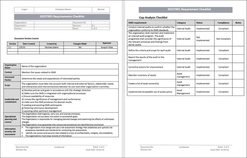 ISO 27001 Requirements Checklist template showing document control and gap analysis for ISMS compliance.