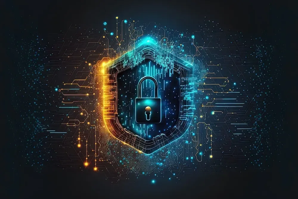 Digital shield with a glowing lock symbol representing enhanced cybersecurity through CloudWatch and generative AI integration.