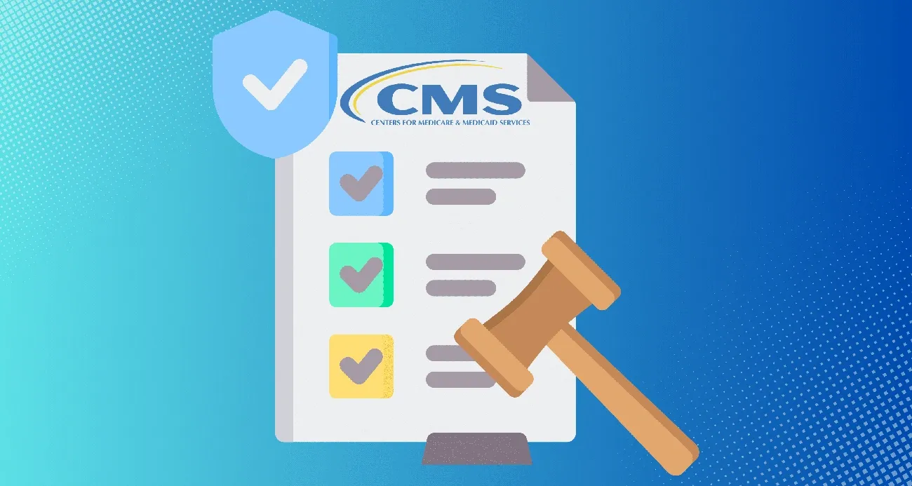 Illustration of a CMS compliance checklist with a shield icon and a gavel on a blue gradient background.