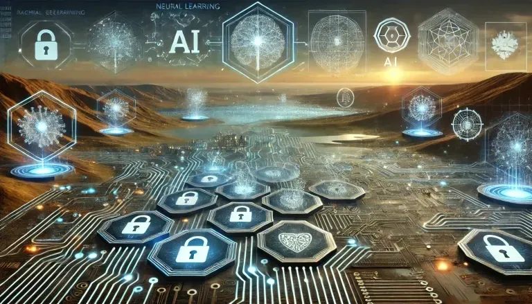 Digital landscape with AI and security icons symbolizing OWASP's expanded GenAI security guidance and neural learning concepts.