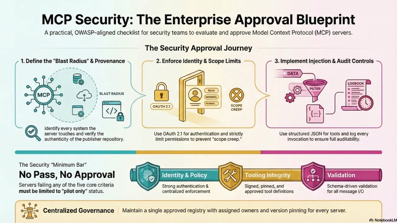 MCP Security Enterprise Approval Blueprint outlining a three-step security checklist for evaluating Model Context Protocol servers.