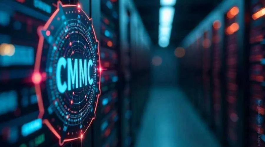 Digital CMMC emblem glowing in a server room symbolizing AI-driven DoD compliance and readiness in 2026.