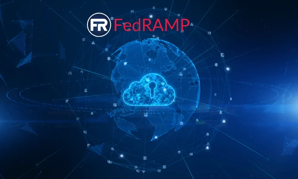 FedRAMP logo with a digital globe and a cloud lock symbolizing secure cloud compliance and certification.