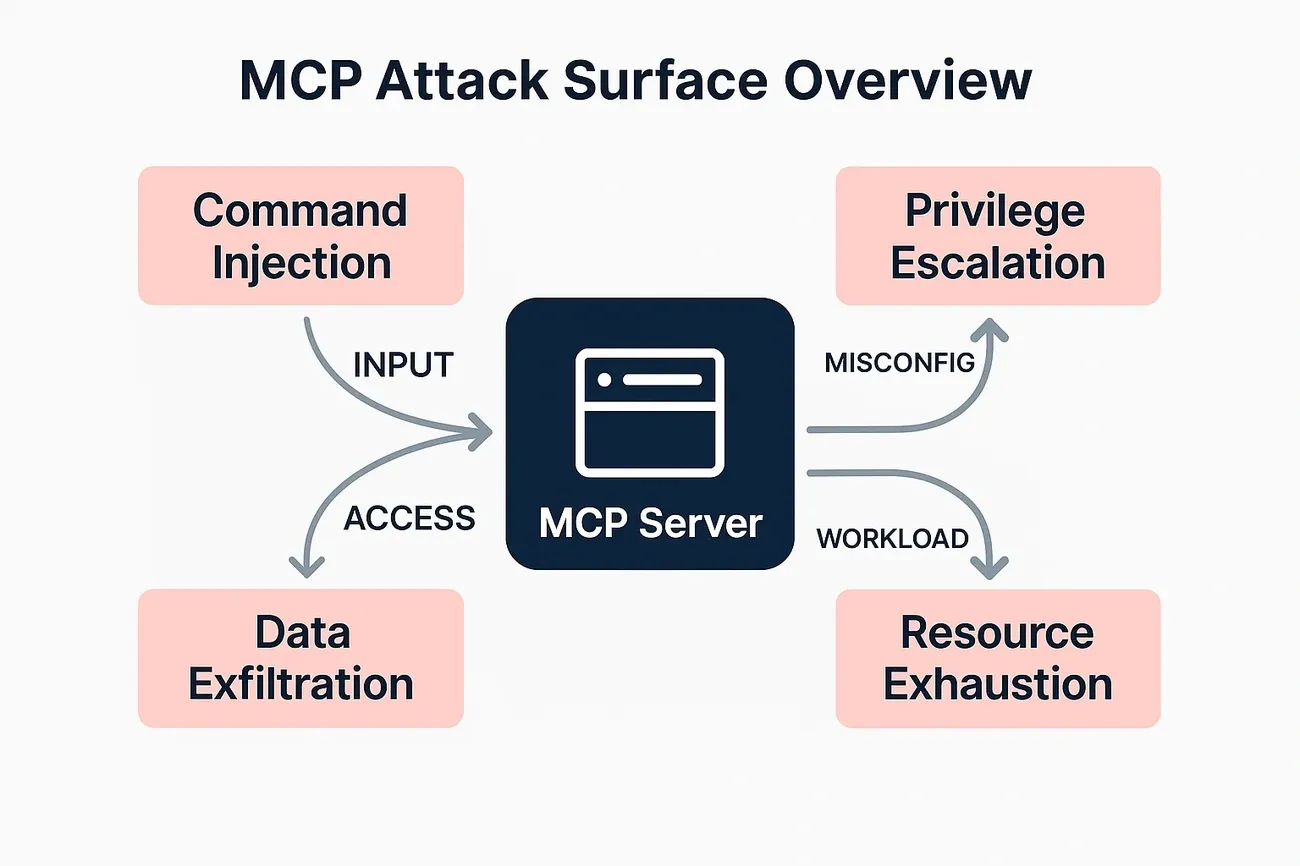 Diagram showing MCP Server attack surface with threats: command injection, privilege escalation, data exfiltration, and resource exhaustion.