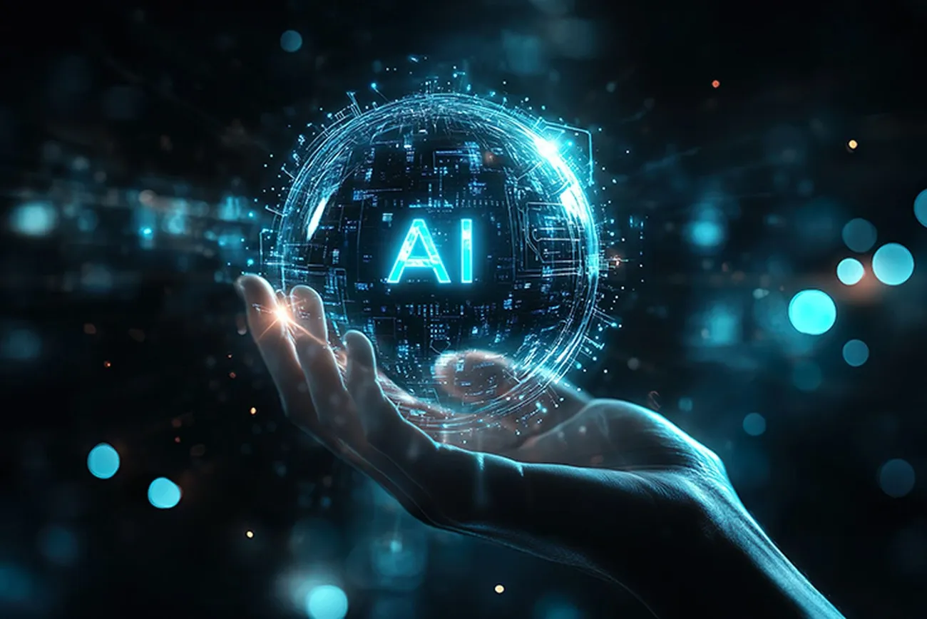 A hand holding a glowing digital sphere with 'AI' inside, symbolizing advanced agentic AI in cybersecurity 2025.
