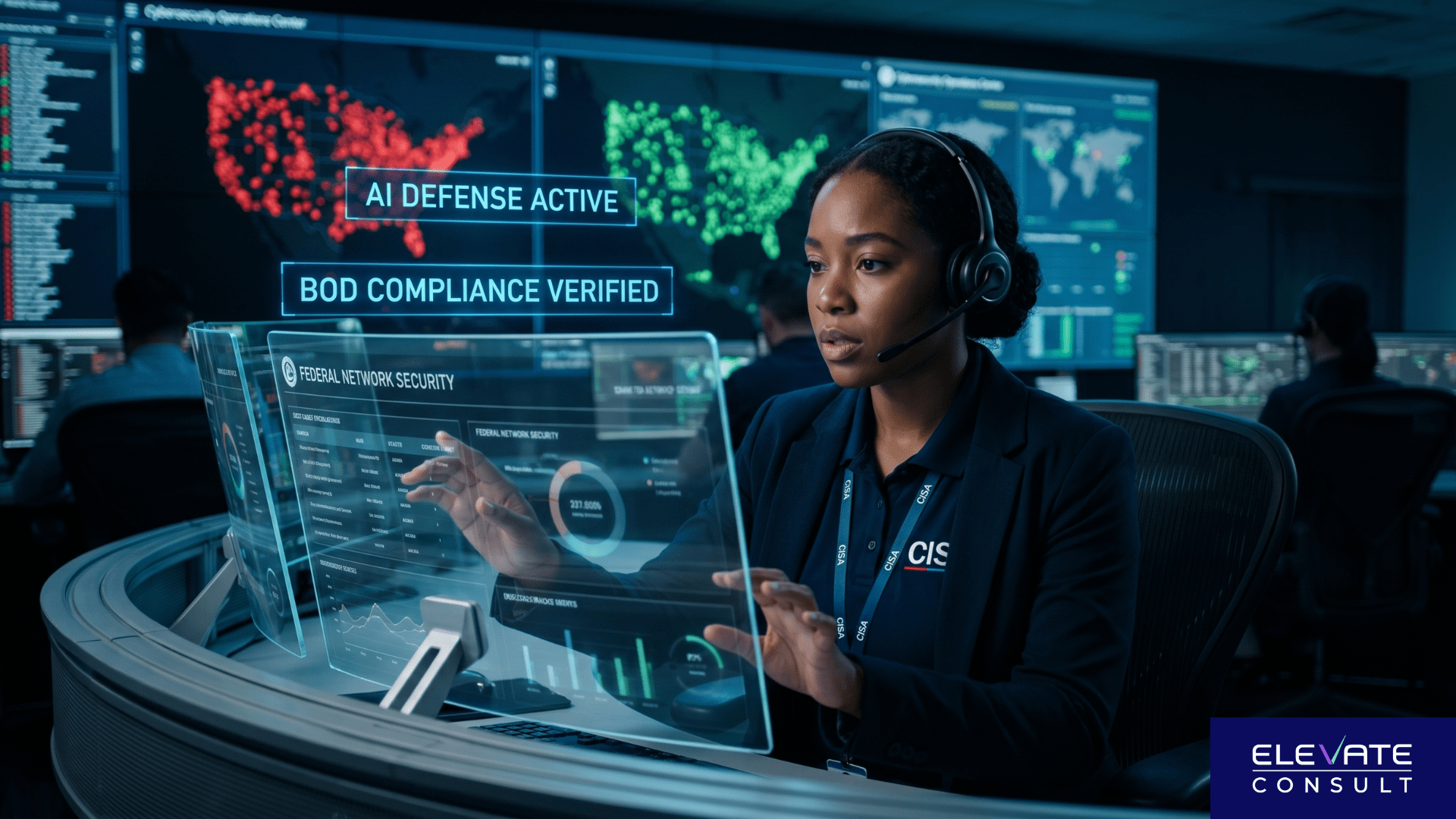 A federal cybersecurity analyst monitors AI-enabled defensive tools and government network security in a CISA operations center.