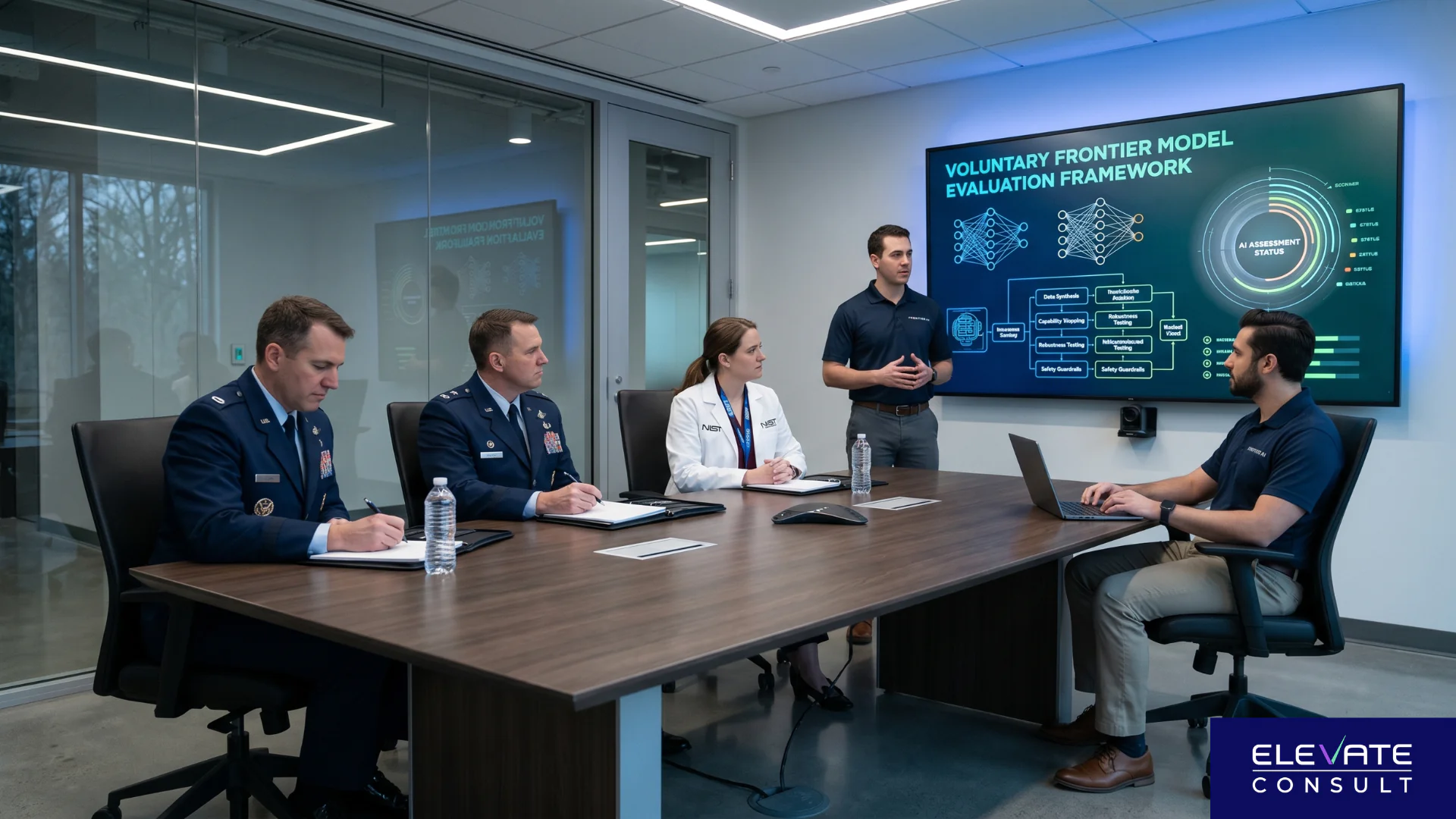 Government officials from NSA and NIST collaborate with private sector AI developers on a voluntary frontier model benchmarking process.